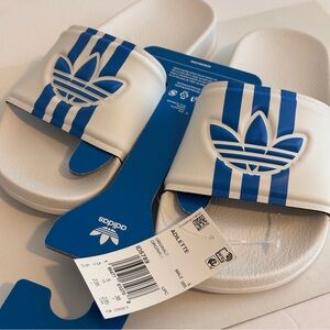 New Adidas Adilette White Slides with Blue Stripes M5/W6 Sandals